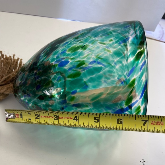 Handcrafted Handblown Glass Wind Chime with Rope and Hook Blue Green Goldtone - Picture 4 of 4